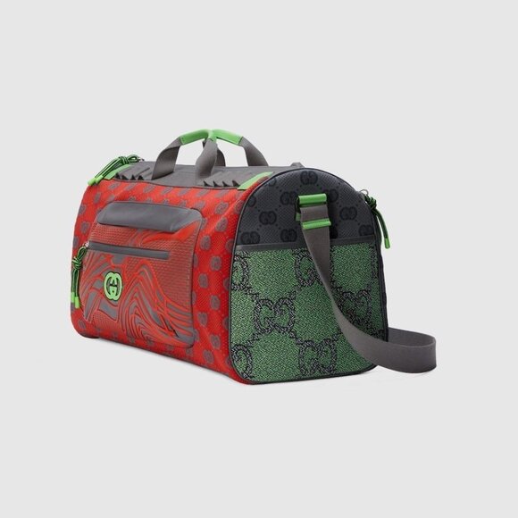 Gucci Men's Duffle Bag GG Jacquard Nylon & Rubber Large Color Gray-Green-Red - Picture 5 of 16